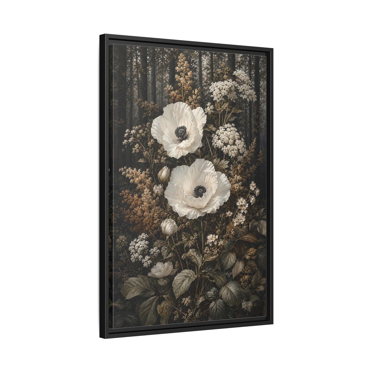 Side Mockup 14. Floral White Poppies White Poppies Forest shown as stretched canvas wall art