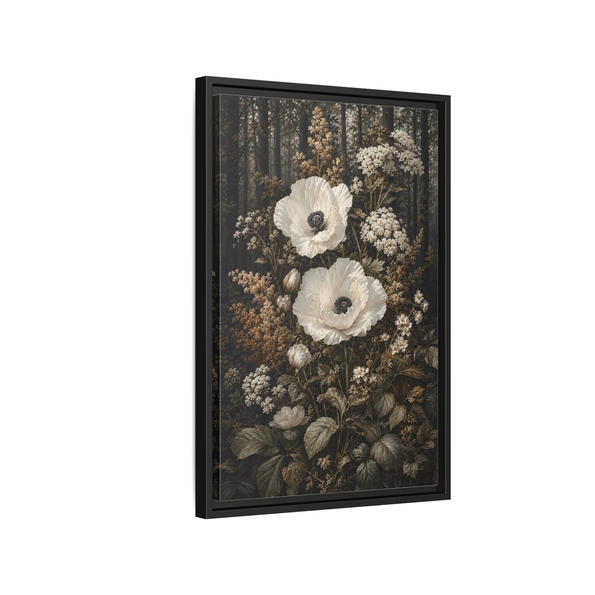 Side Mockup 3. Floral White Poppies White Poppies Forest shown as stretched canvas wall art