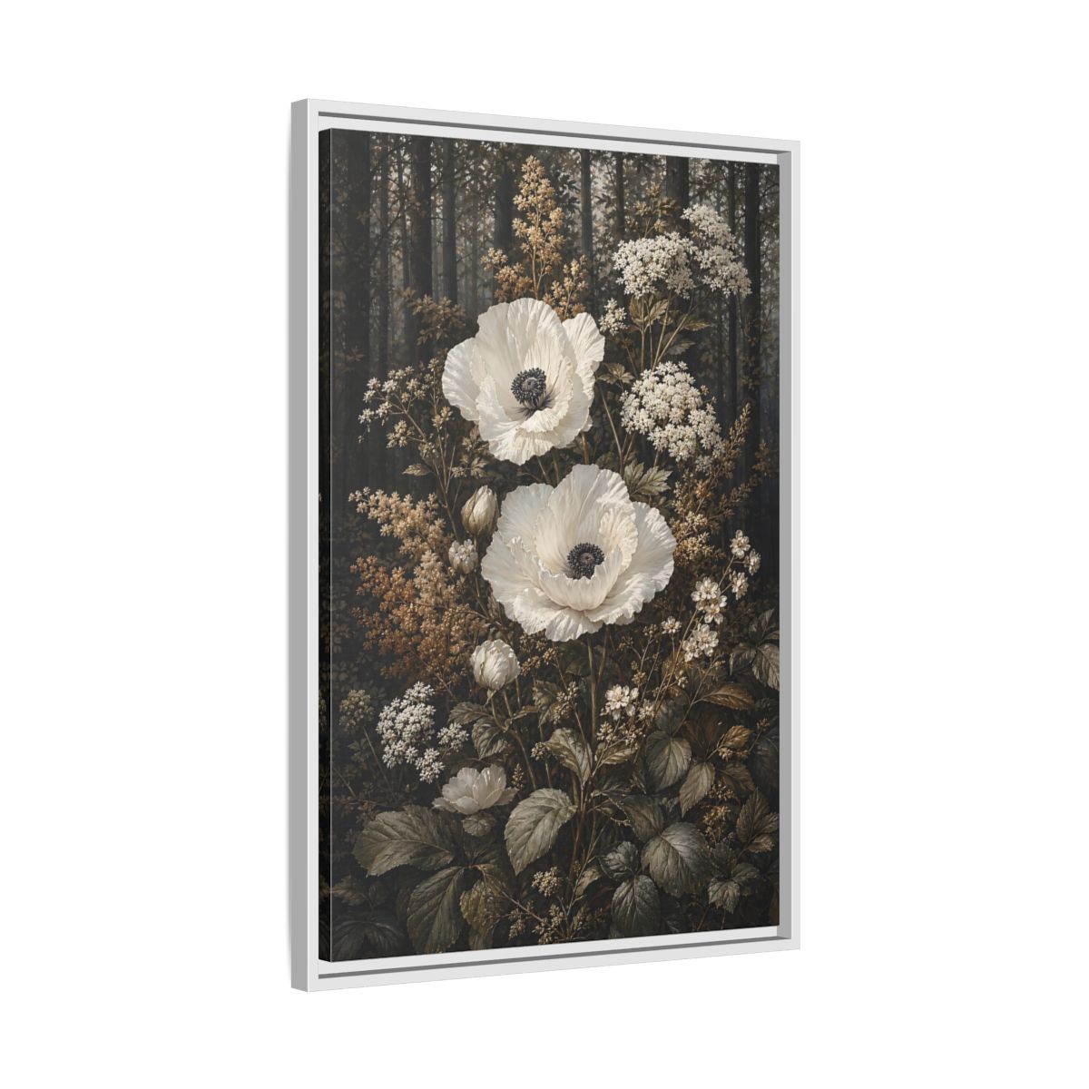Side Mockup 10. Floral White Poppies White Poppies Forest shown as stretched canvas wall art