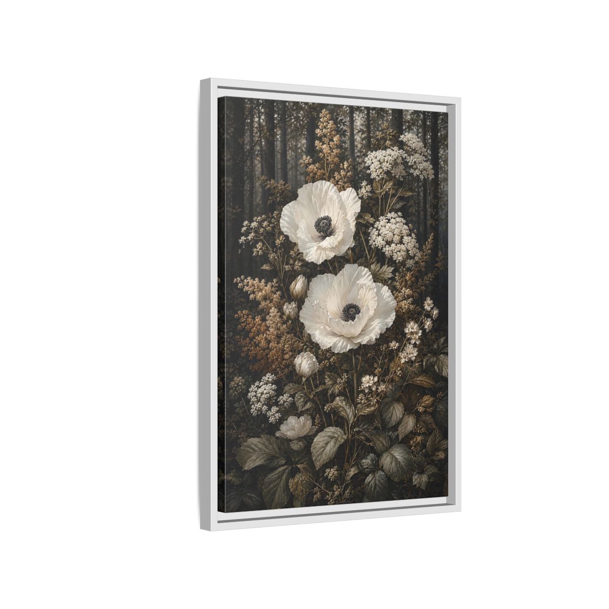 Side Mockup 1. Floral White Poppies White Poppies Forest shown as stretched canvas wall art
