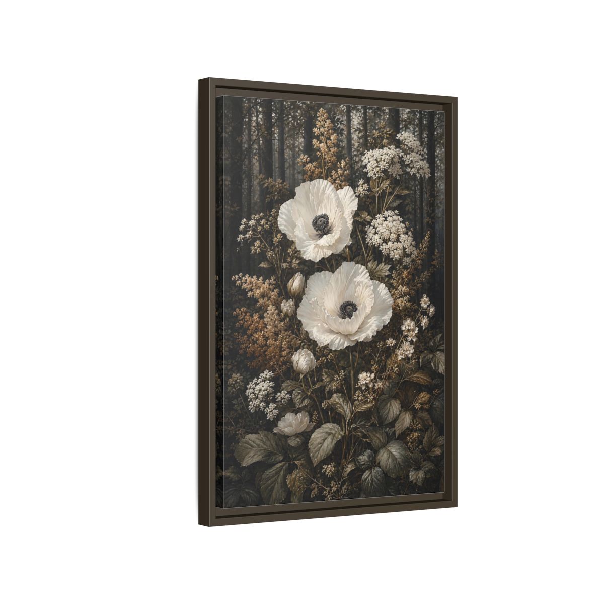 Side Mockup 2. Floral White Poppies White Poppies Forest shown as stretched canvas wall art