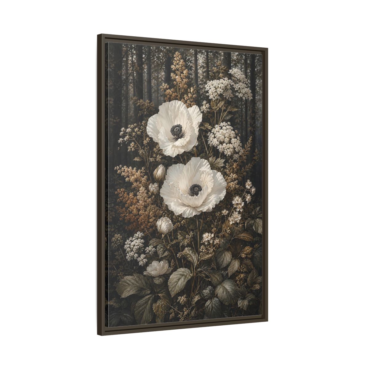 Main Mockup. Floral White Poppies White Poppies Forest shown as stretched canvas wall art