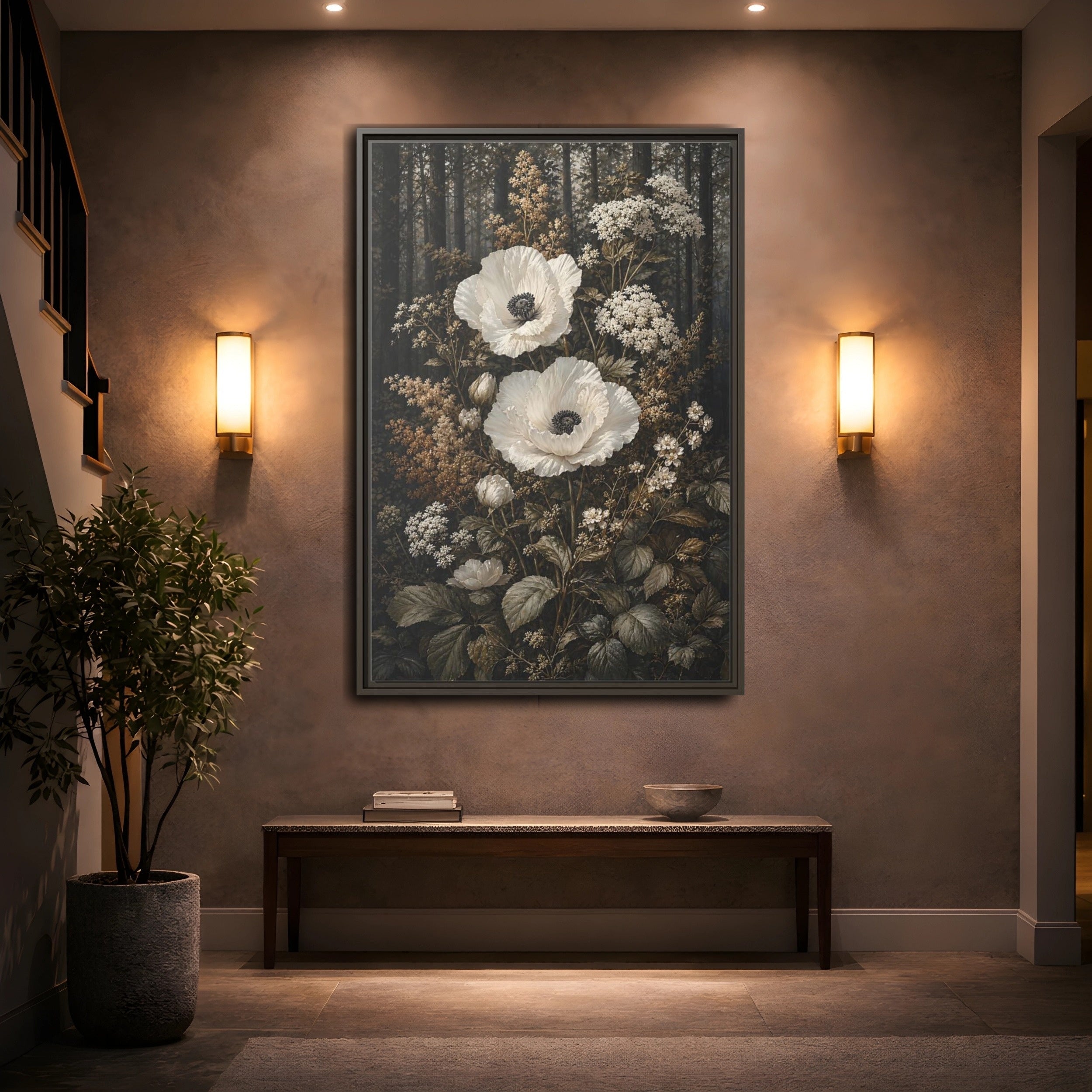 Mockup 2. Floral White Poppies White Poppies Forest shown as stretched canvas wall art