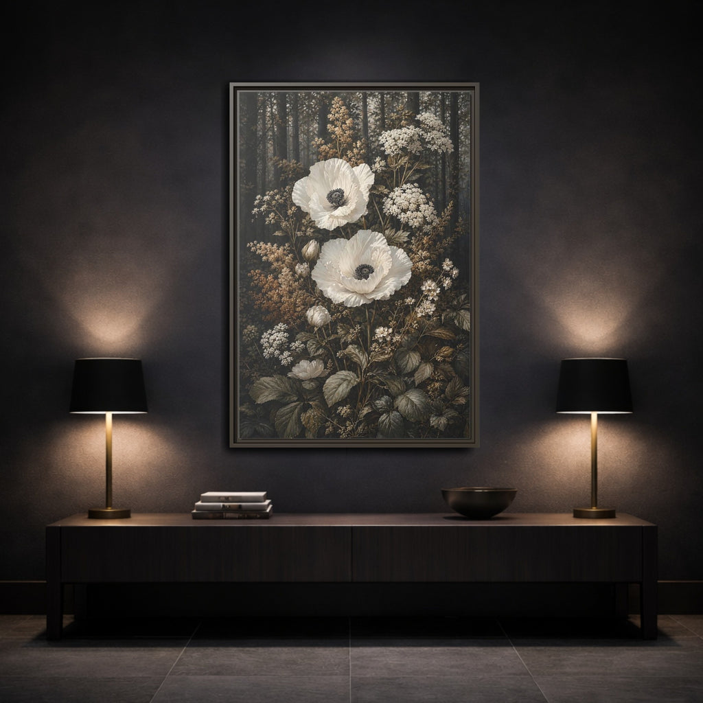 Mockup 3. Floral White Poppies White Poppies Forest shown as stretched canvas wall art