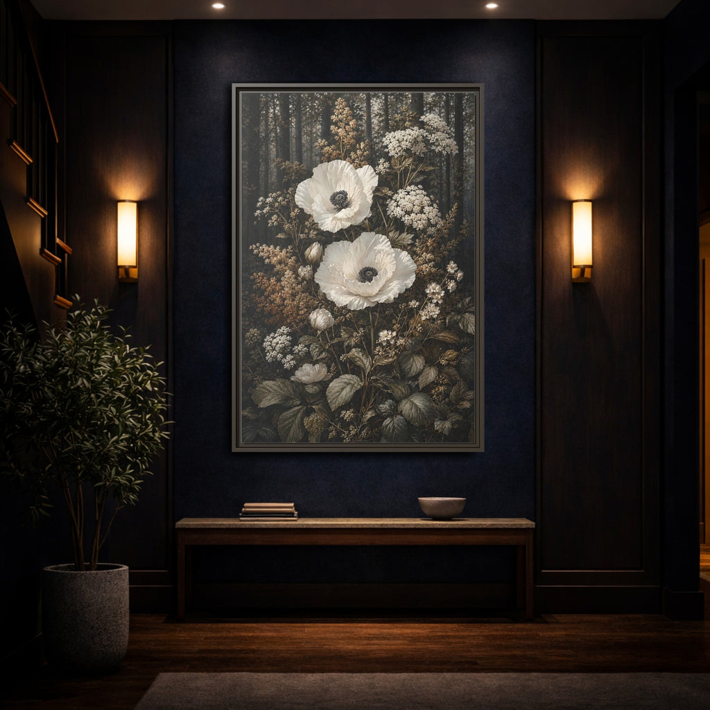 Mockup 4. Floral White Poppies White Poppies Forest shown as stretched canvas wall art