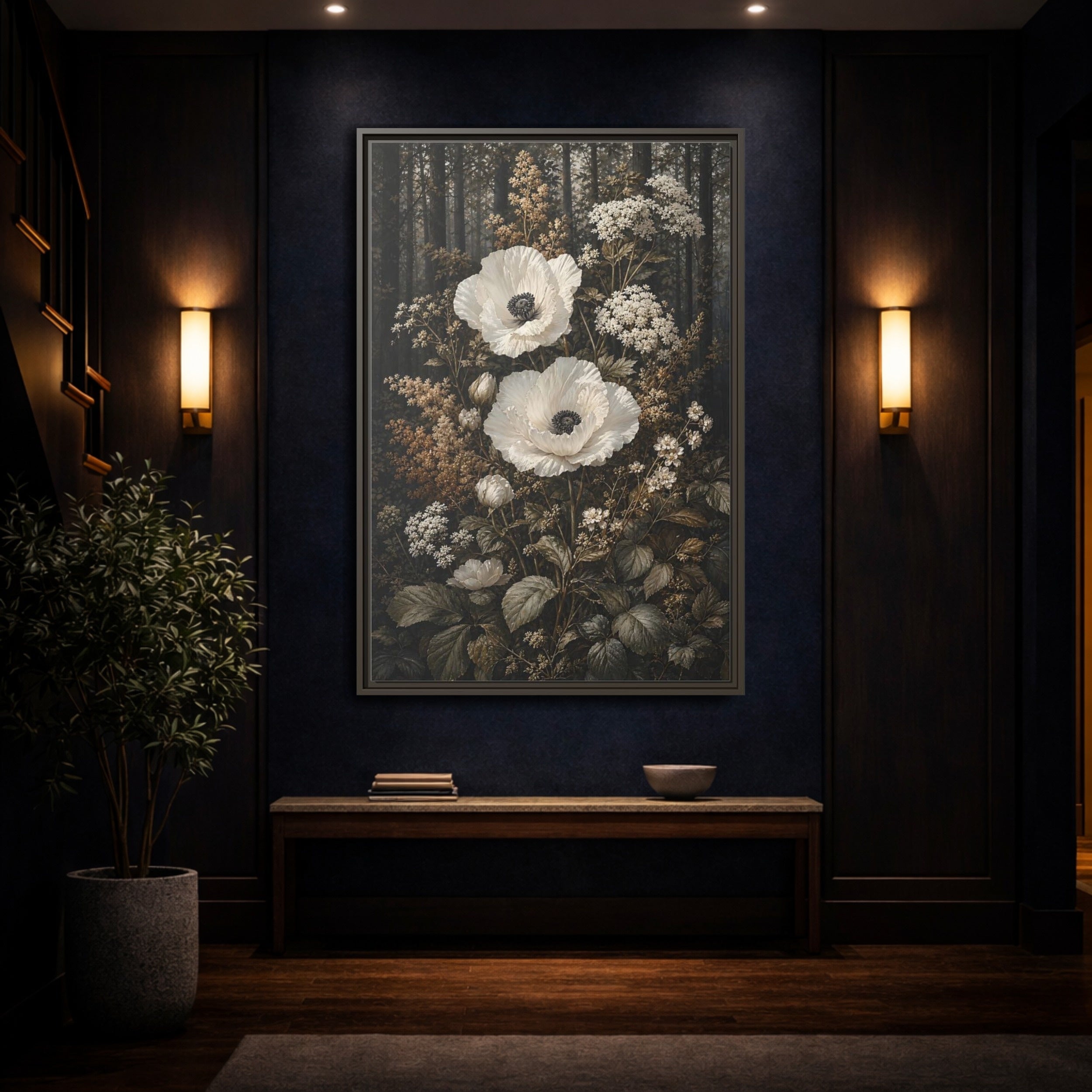 Mockup 4. Floral White Poppies White Poppies Forest shown as stretched canvas wall art