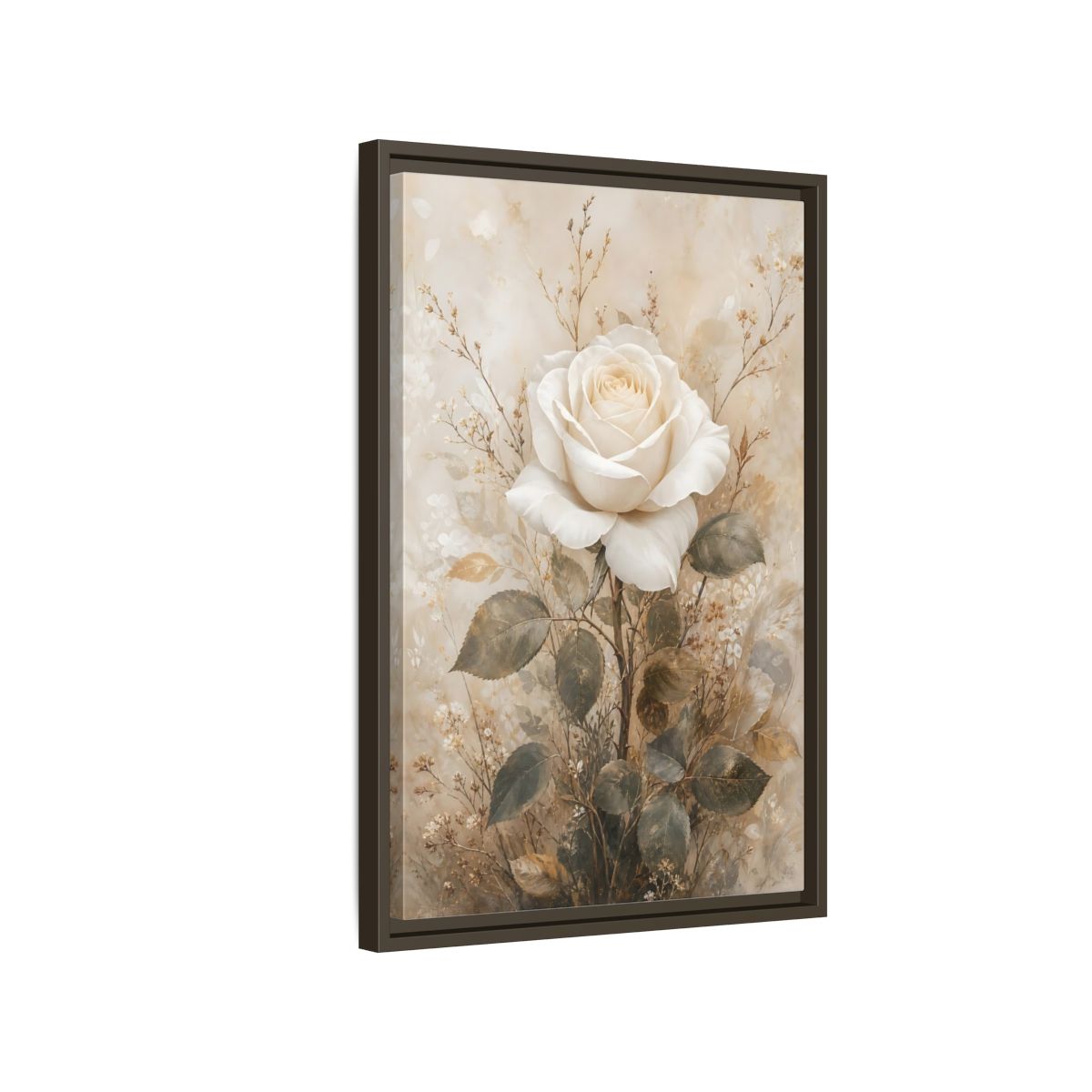 Side Mockup 2. Floral White Rose White And Gold shown as stretched canvas wall art