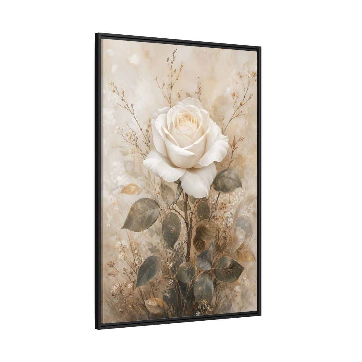 Side Mockup 12. Floral White Rose White And Gold shown as stretched canvas wall art