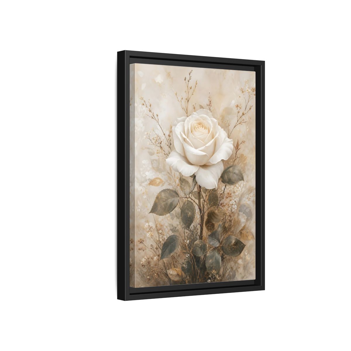 Side Mockup 6. Floral White Rose White And Gold shown as stretched canvas wall art