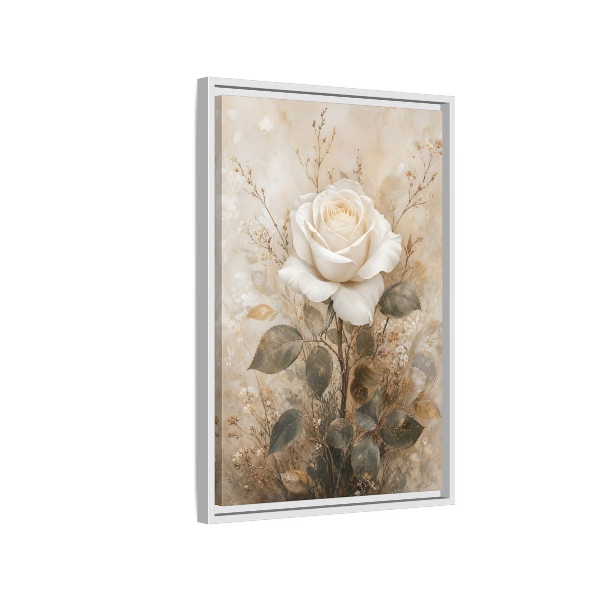 Side Mockup 1. Floral White Rose White And Gold shown as stretched canvas wall art