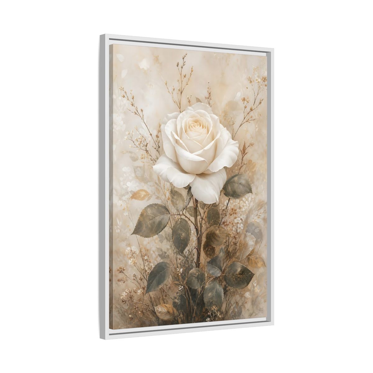 Side Mockup 10. Floral White Rose White And Gold shown as stretched canvas wall art