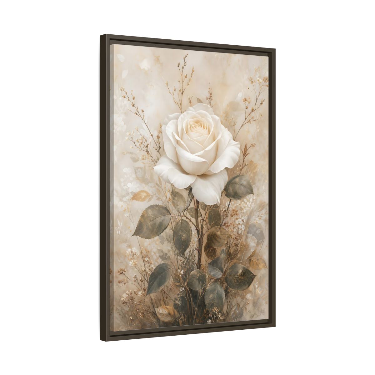 Side Mockup 11. Floral White Rose White And Gold shown as stretched canvas wall art