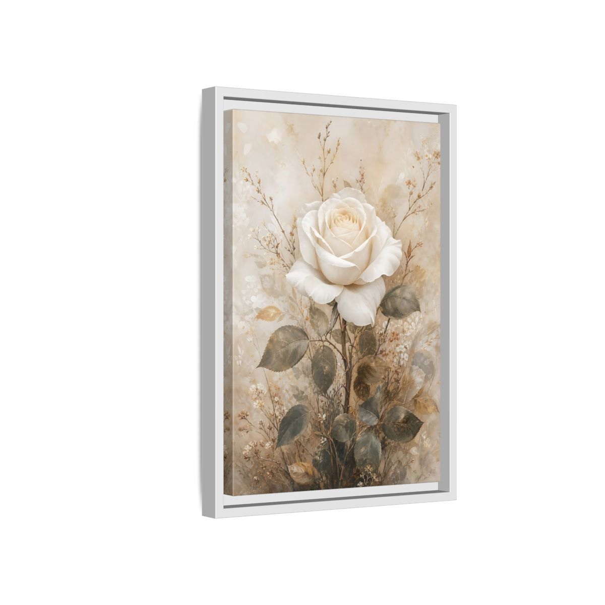 Side Mockup 4. Floral White Rose White And Gold shown as stretched canvas wall art