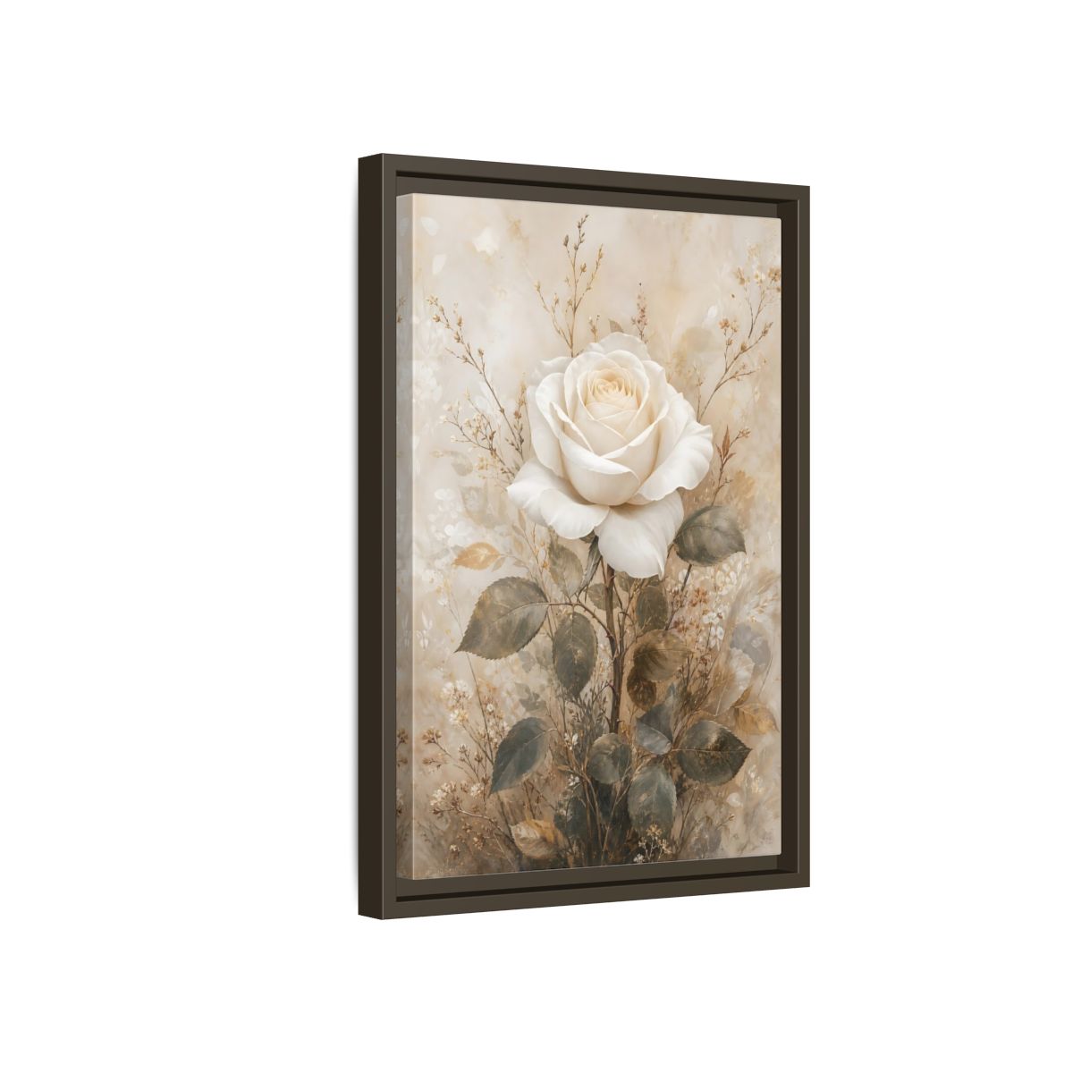 Side Mockup 5. Floral White Rose White And Gold shown as stretched canvas wall art