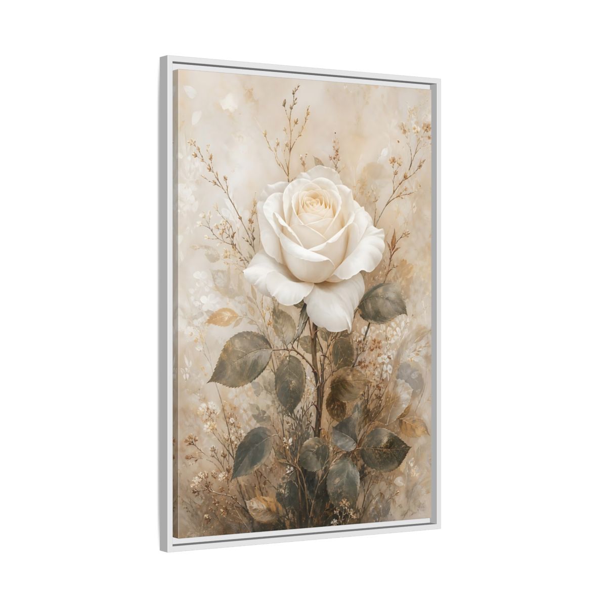 Side Mockup 9. Floral White Rose White And Gold shown as stretched canvas wall art