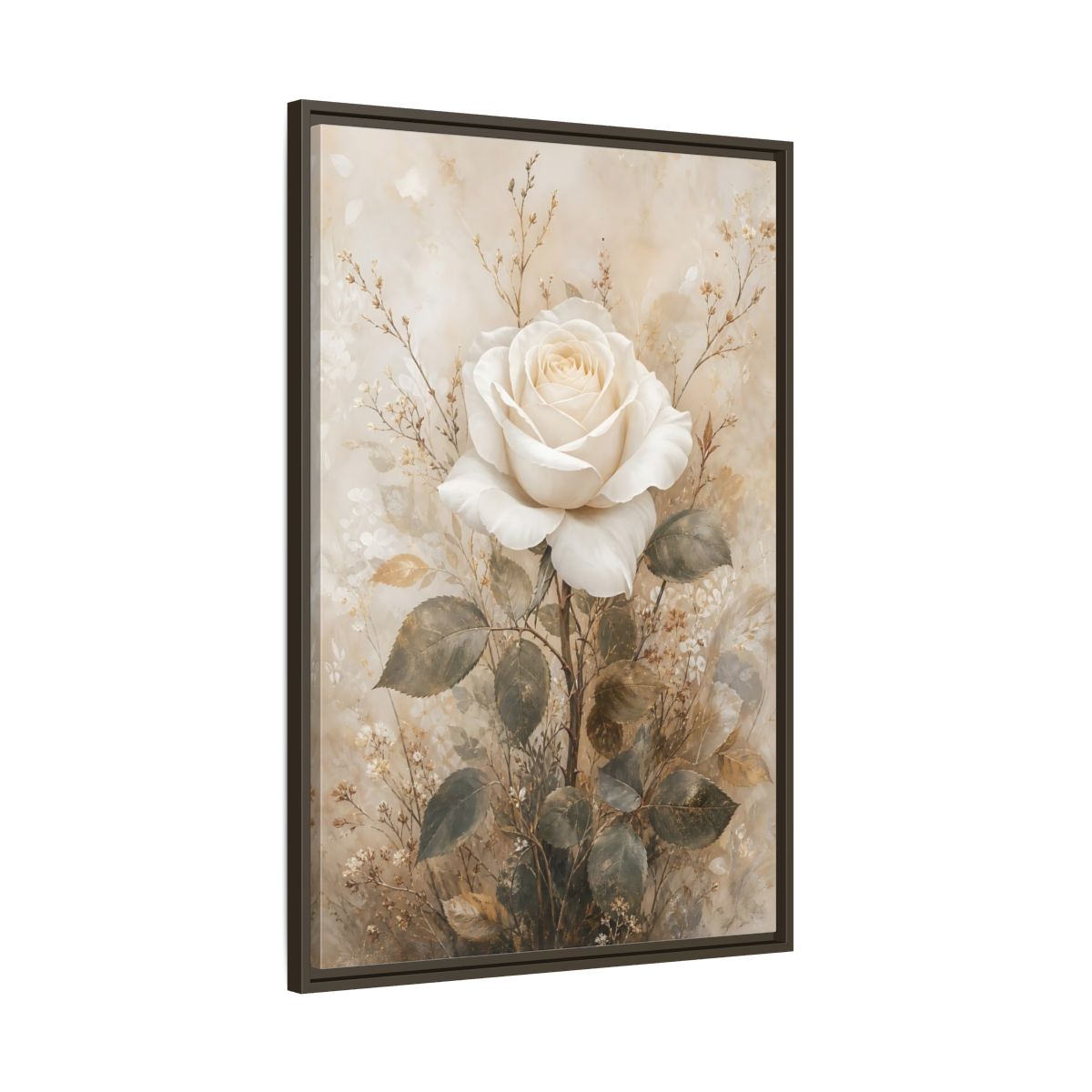 Main Mockup. Floral White Rose White And Gold shown as stretched canvas wall art