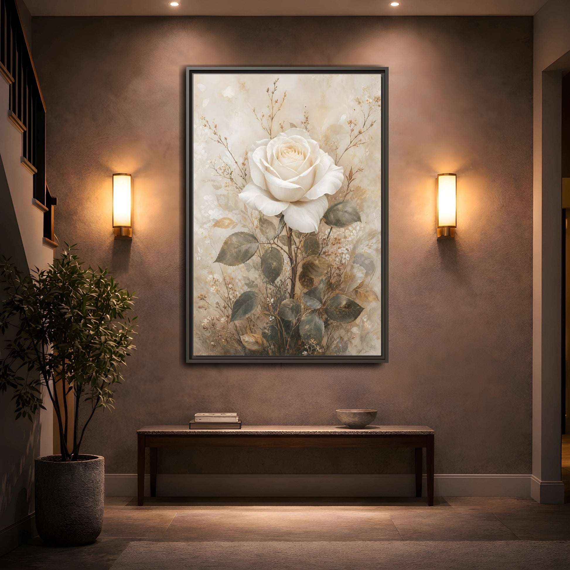 Mockup 2. Floral White Rose White And Gold shown as stretched canvas wall art
