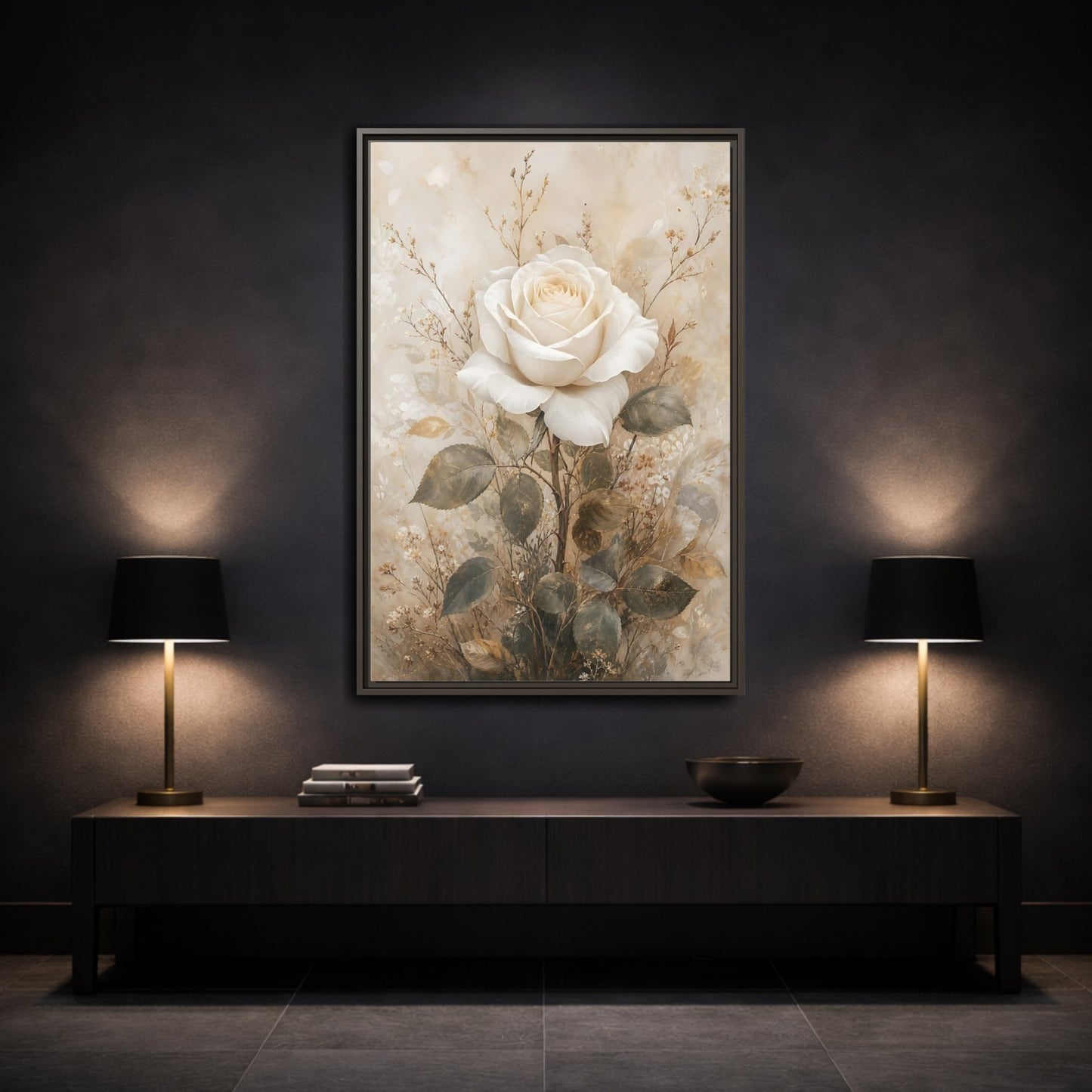 Mockup 3. Floral White Rose White And Gold shown as stretched canvas wall art