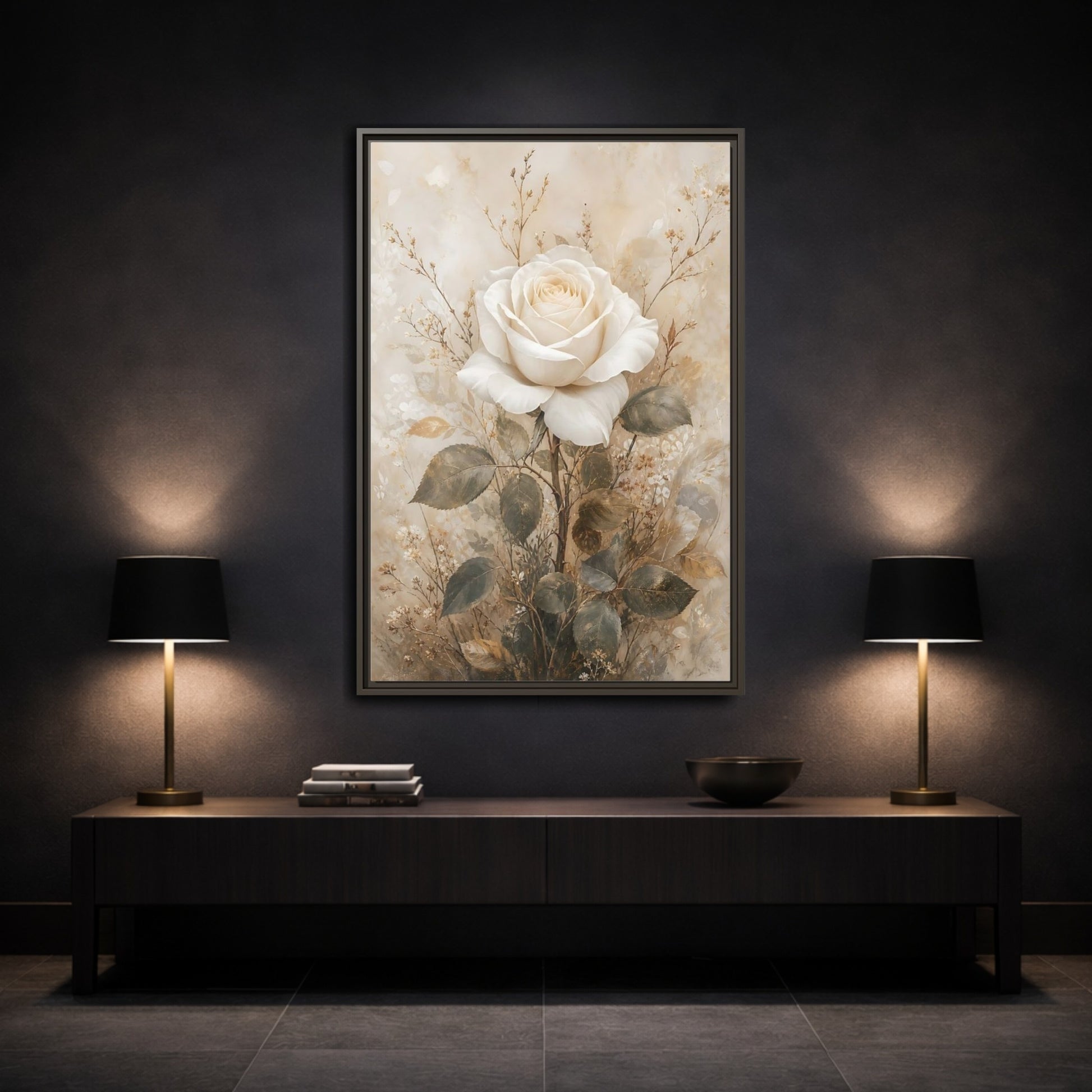 Mockup 3. Floral White Rose White And Gold shown as stretched canvas wall art