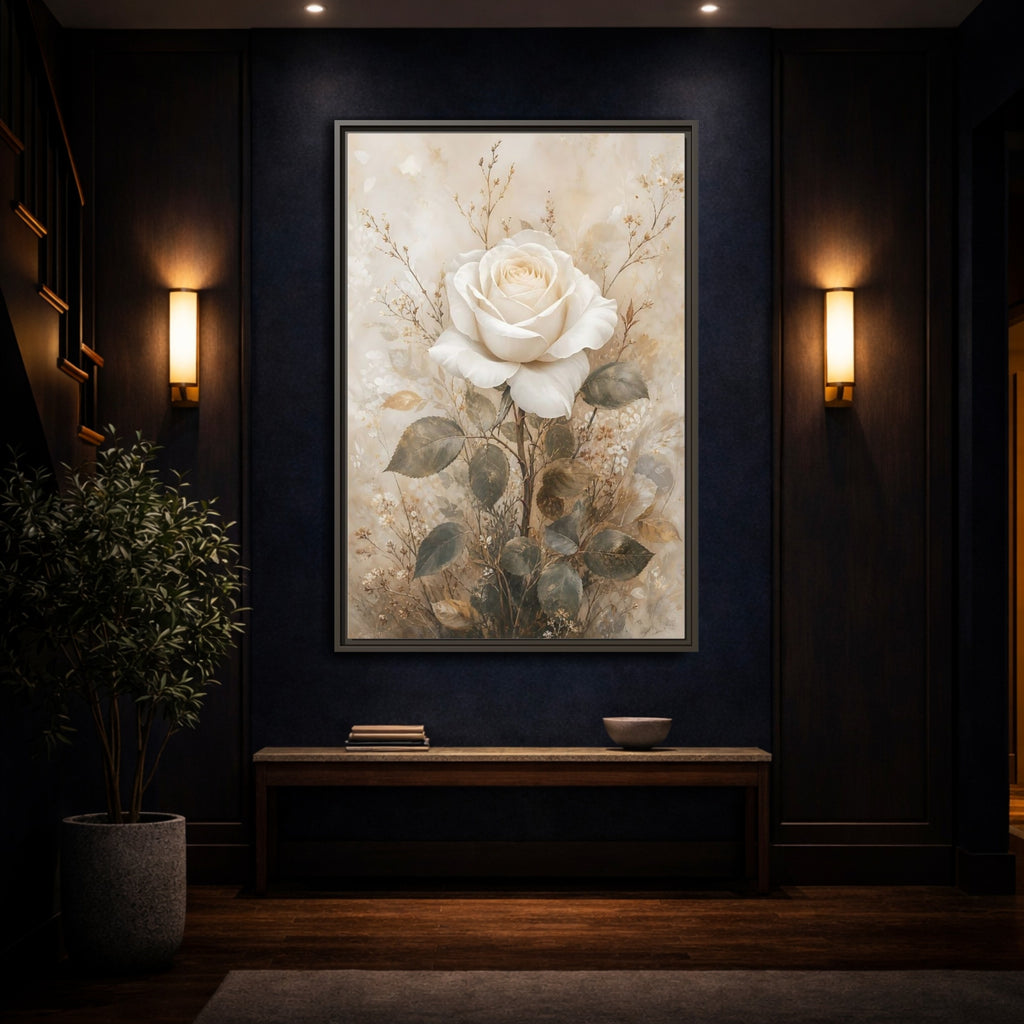 Mockup 4. Floral White Rose White And Gold shown as stretched canvas wall art