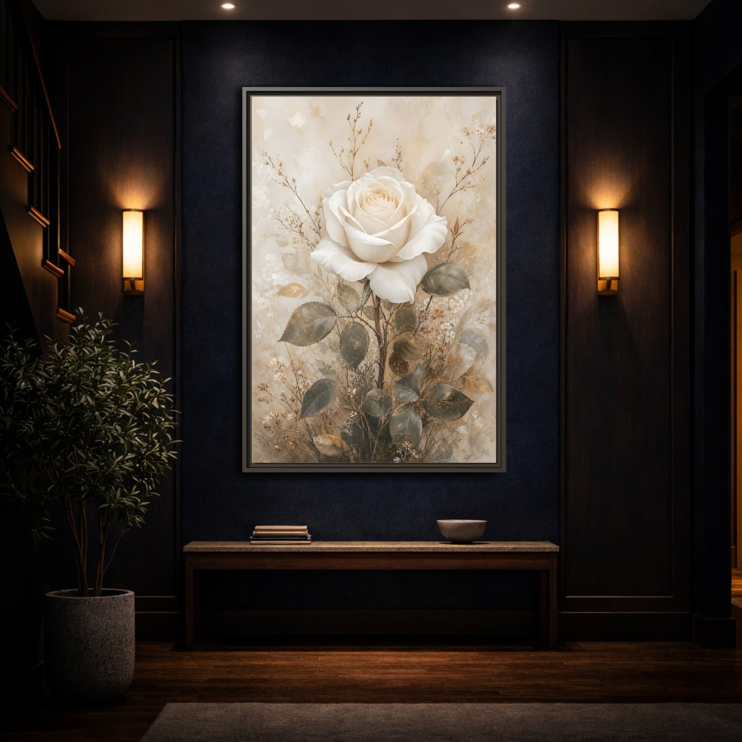Mockup 4. Floral White Rose White And Gold shown as stretched canvas wall art