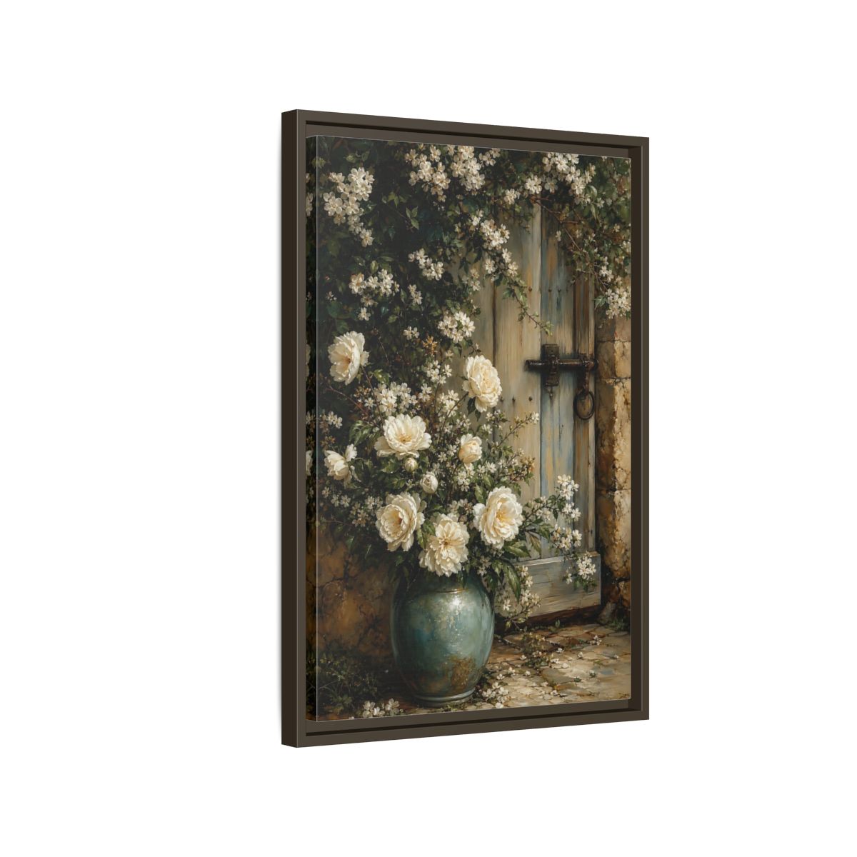 Side Mockup 2. Floral White Roses White And Blue shown as stretched canvas wall art