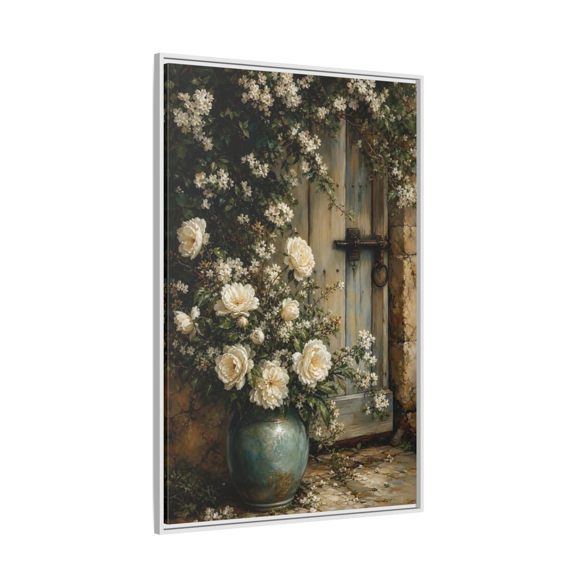 Side Mockup 7. Floral White Roses White And Blue shown as stretched canvas wall art