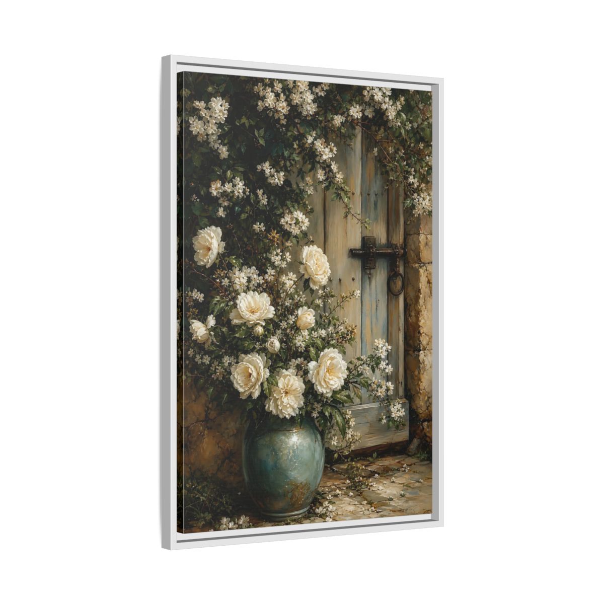 Side Mockup 10. Floral White Roses White And Blue shown as stretched canvas wall art