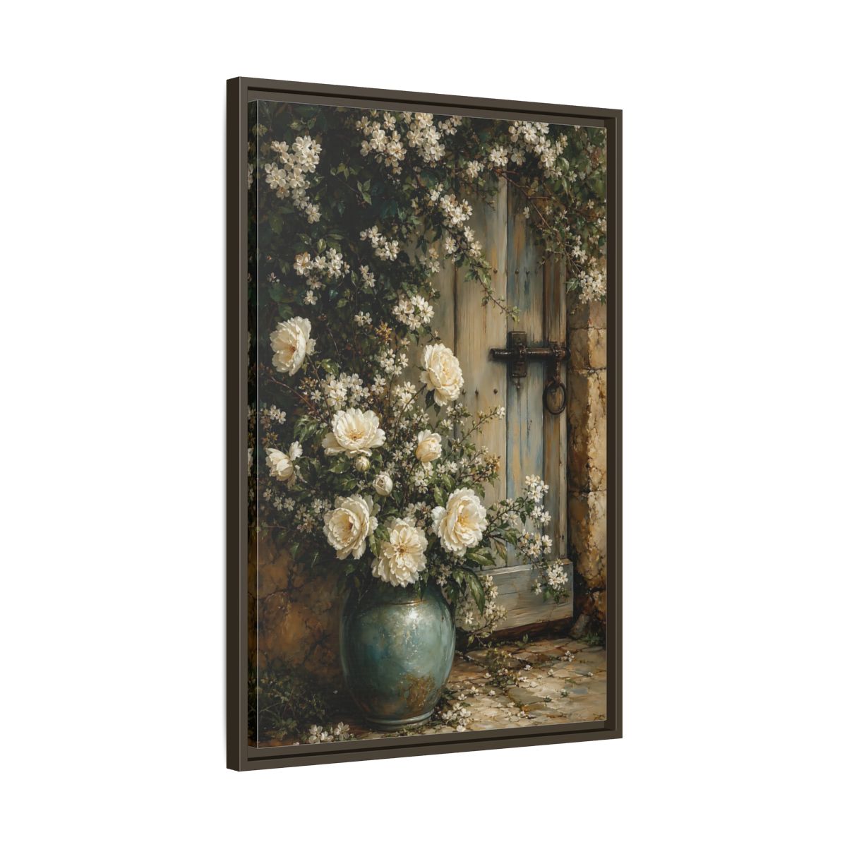 Side Mockup 11. Floral White Roses White And Blue shown as stretched canvas wall art