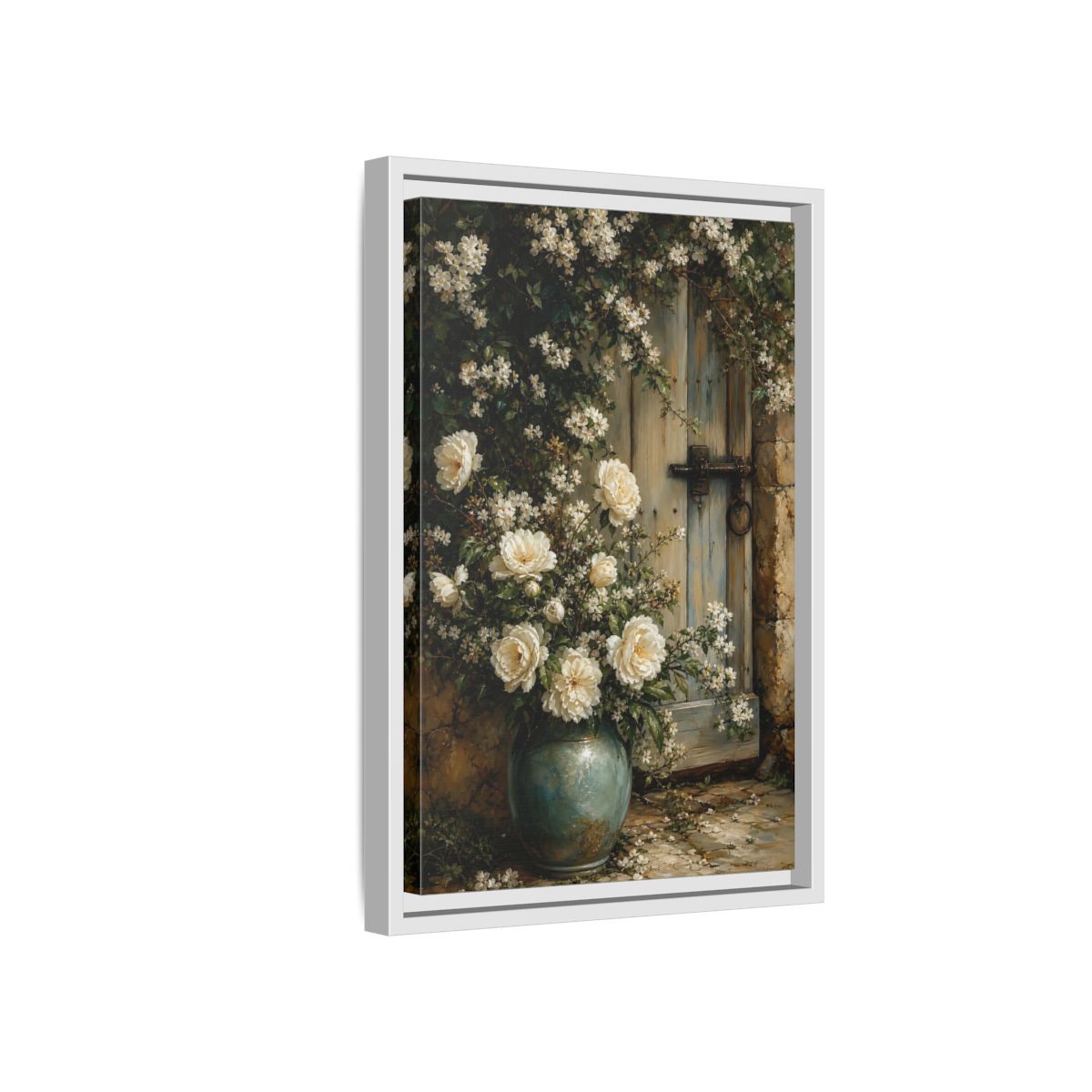 Side Mockup 4. Floral White Roses White And Blue shown as stretched canvas wall art