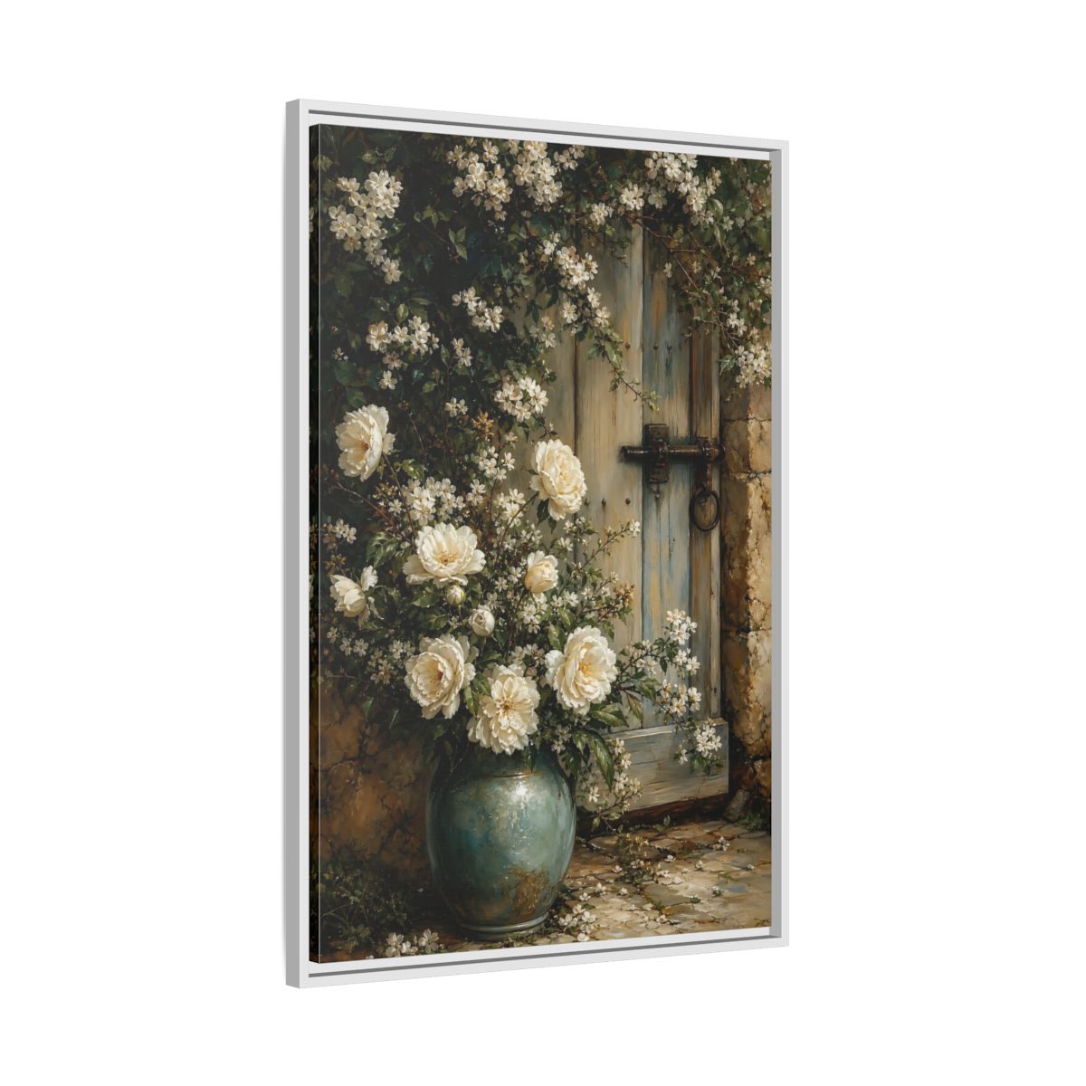 Side Mockup 9. Floral White Roses White And Blue shown as stretched canvas wall art