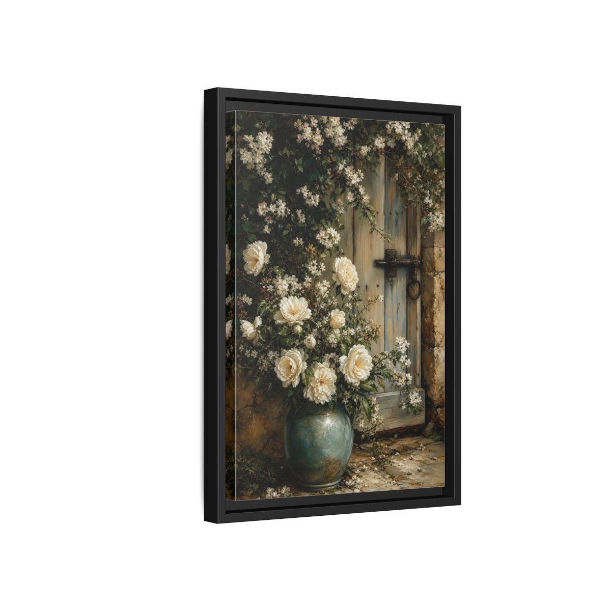 Side Mockup 6. Floral White Roses White And Blue shown as stretched canvas wall art