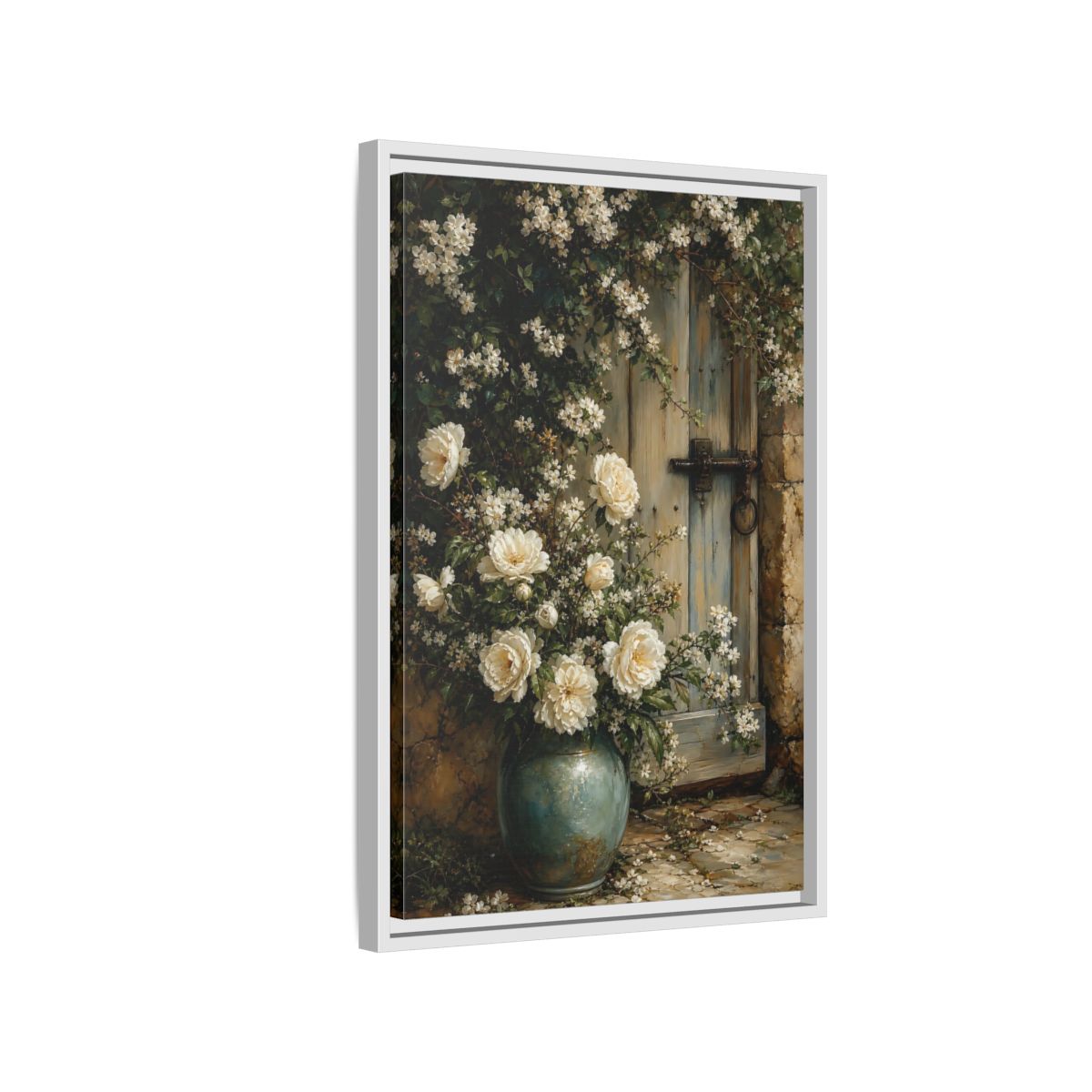 Side Mockup 1. Floral White Roses White And Blue shown as stretched canvas wall art
