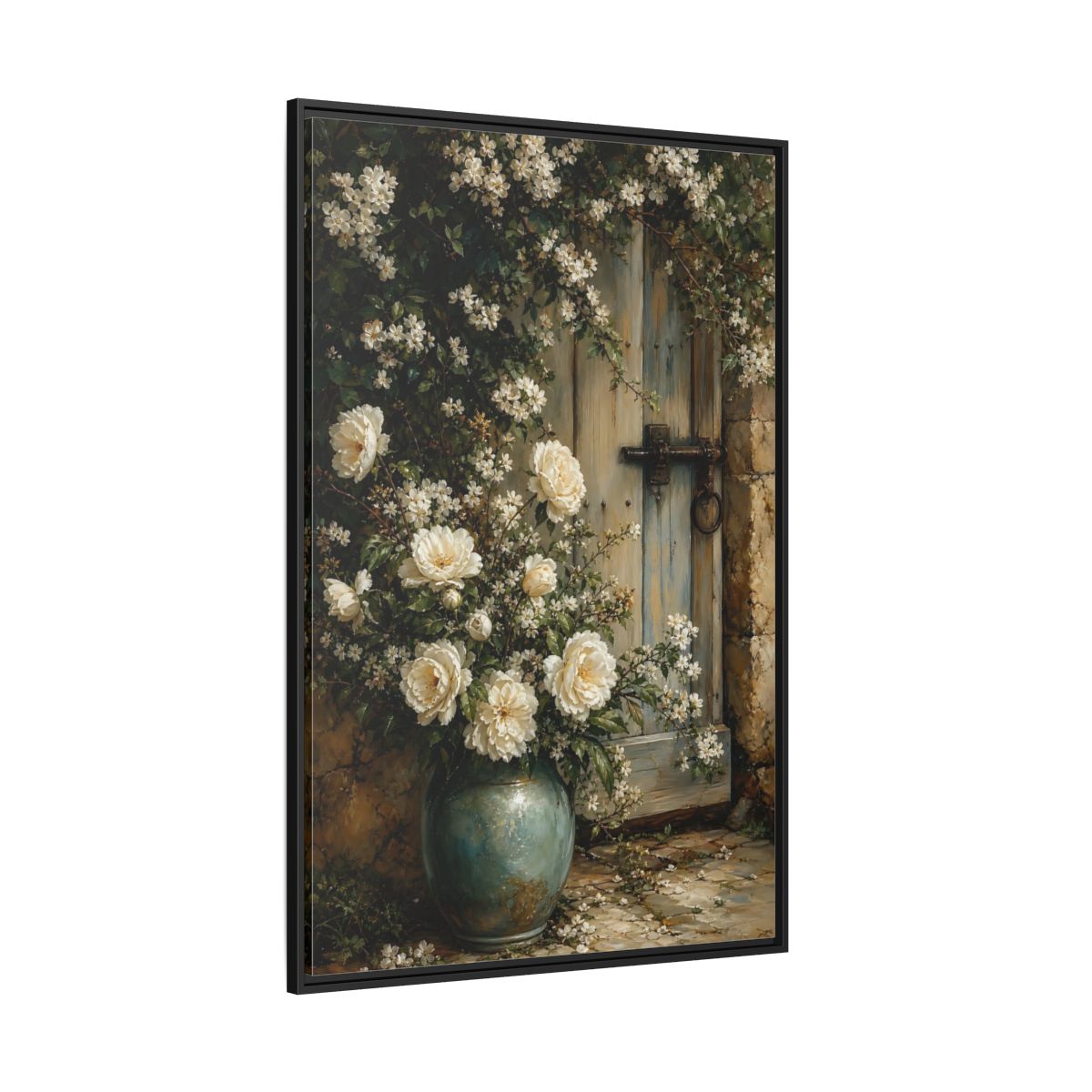 Side Mockup 12. Floral White Roses White And Blue shown as stretched canvas wall art