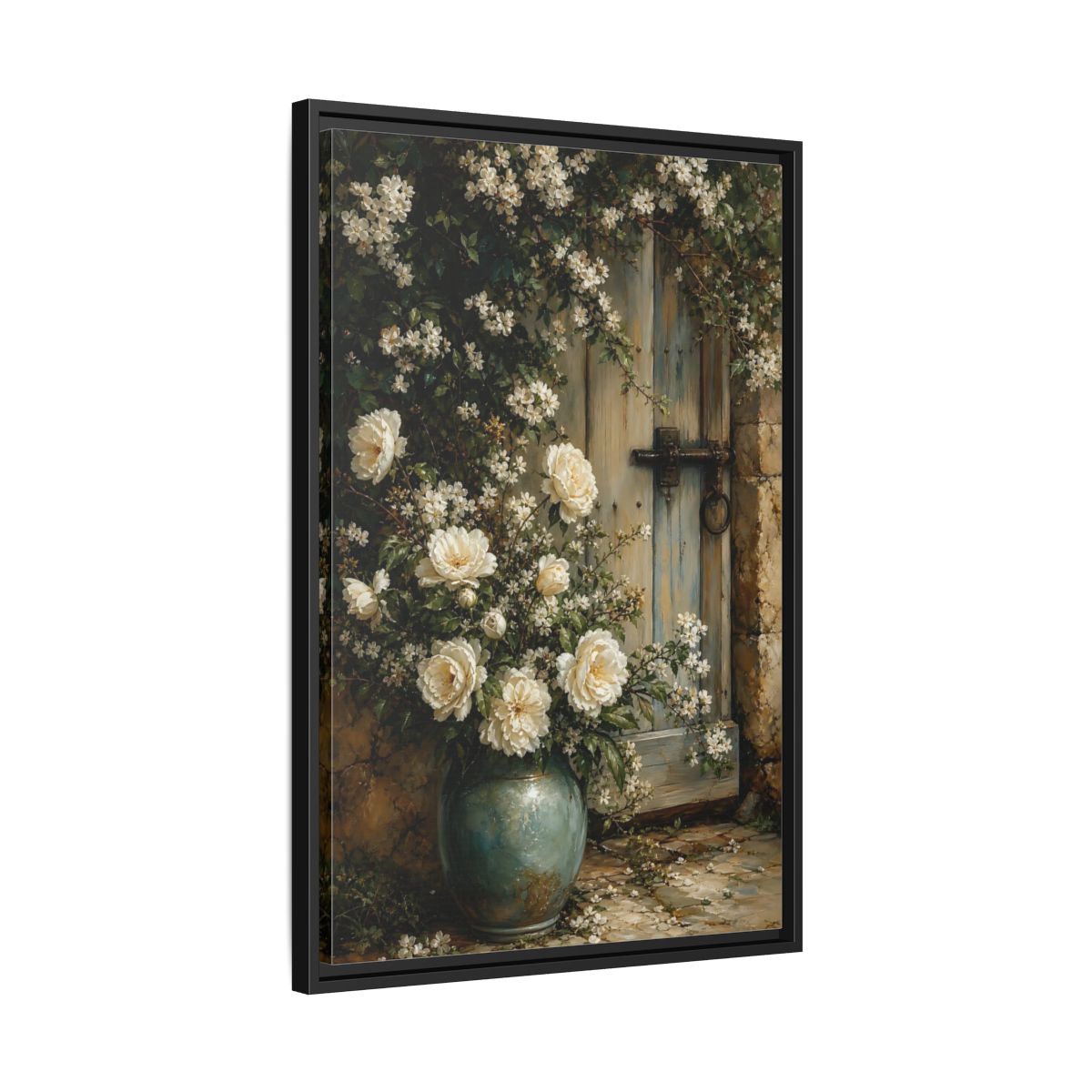 Side Mockup 14. Floral White Roses White And Blue shown as stretched canvas wall art