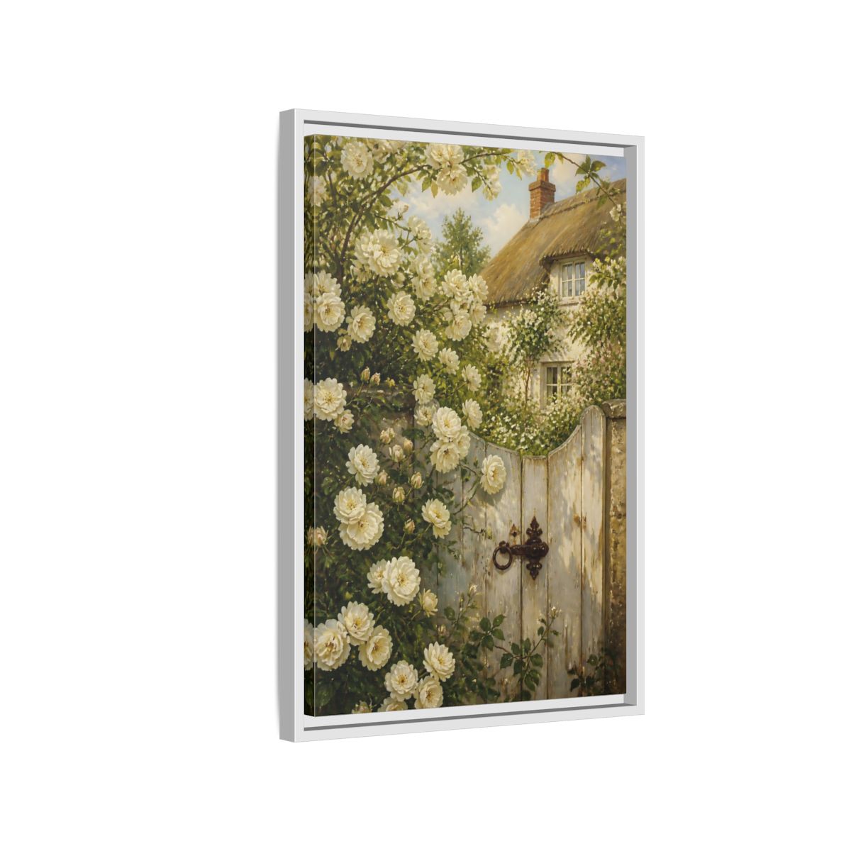 Side Mockup 1. Floral White Roses White Roses Cottage shown as stretched canvas wall art