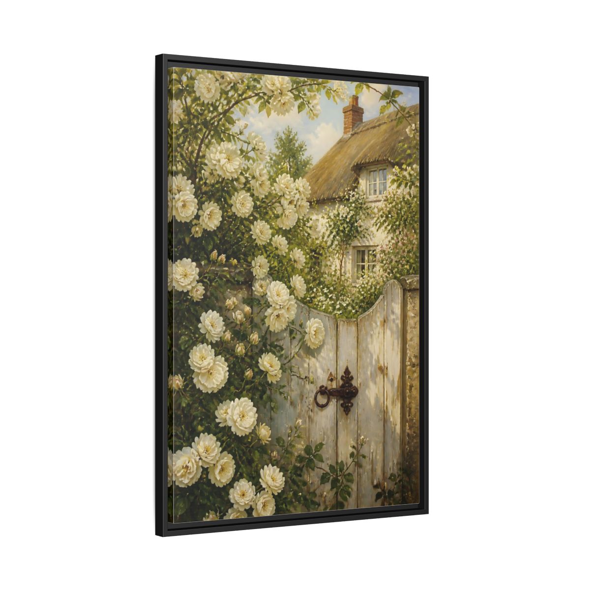 Side Mockup 13. Floral White Roses White Roses Cottage shown as stretched canvas wall art