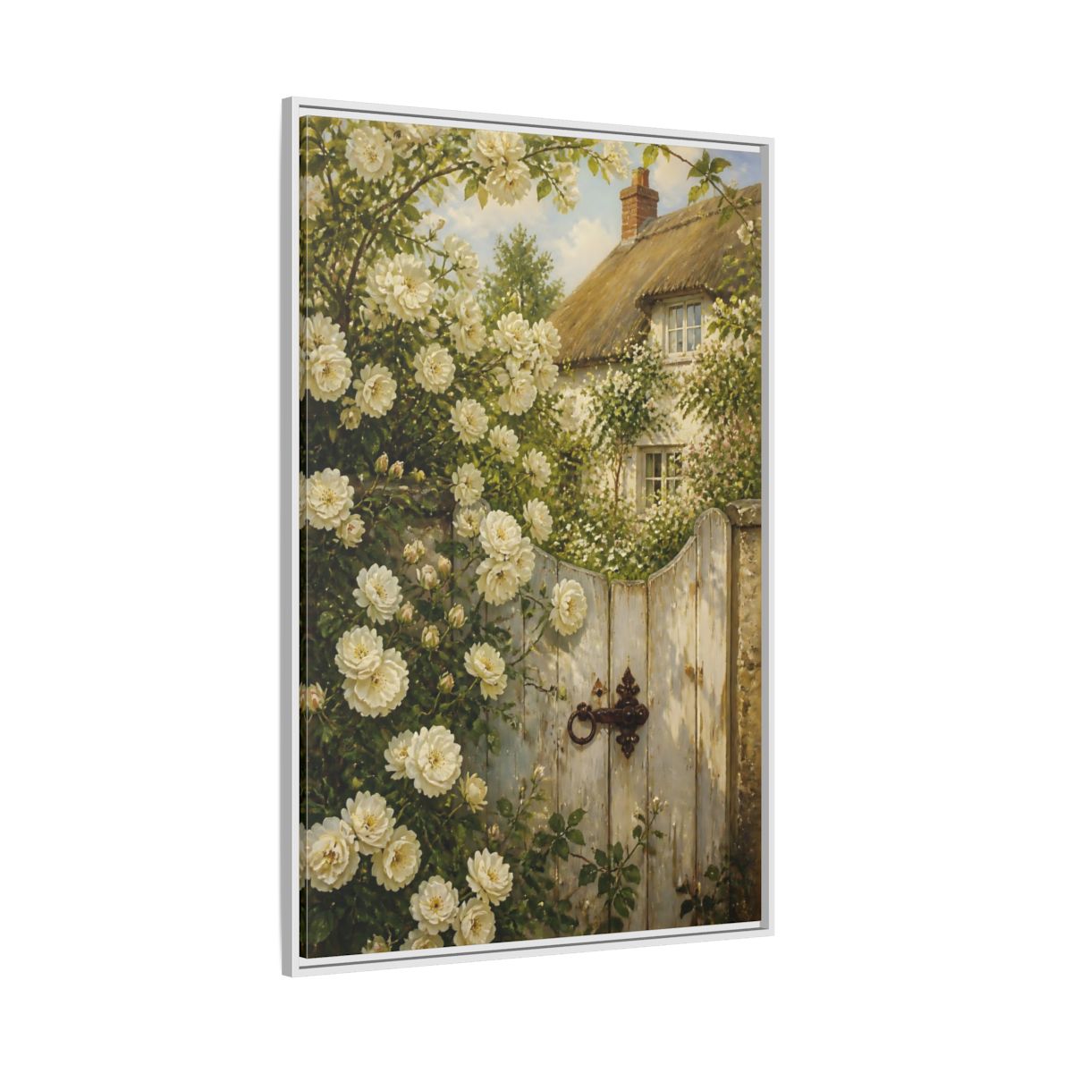Side Mockup 7. Floral White Roses White Roses Cottage shown as stretched canvas wall art