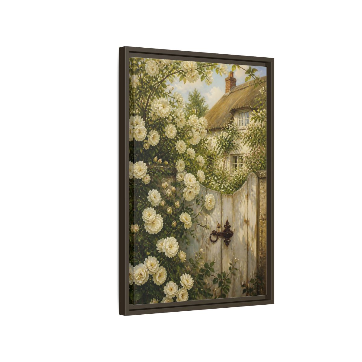 Side Mockup 2. Floral White Roses White Roses Cottage shown as stretched canvas wall art
