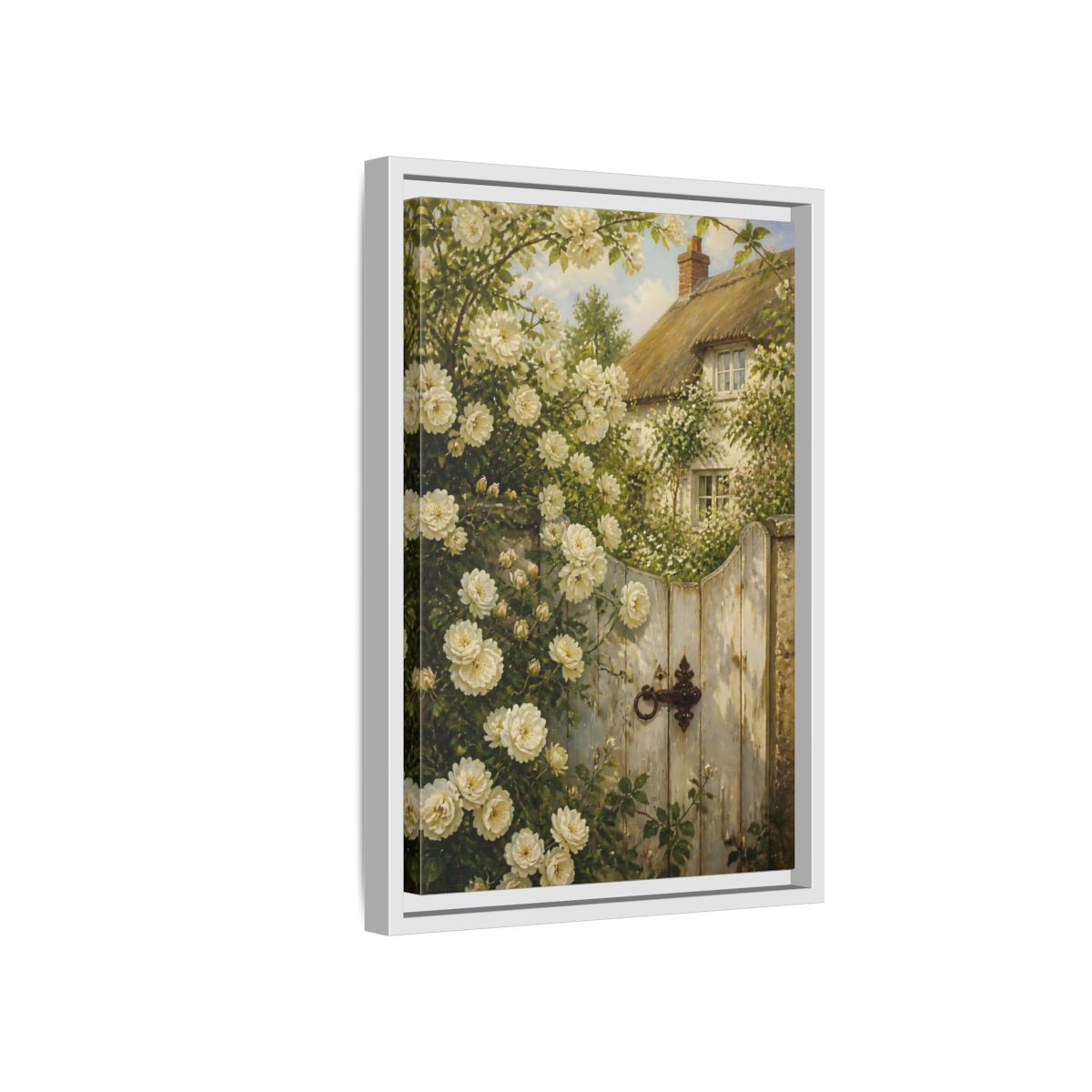 Side Mockup 4. Floral White Roses White Roses Cottage shown as stretched canvas wall art