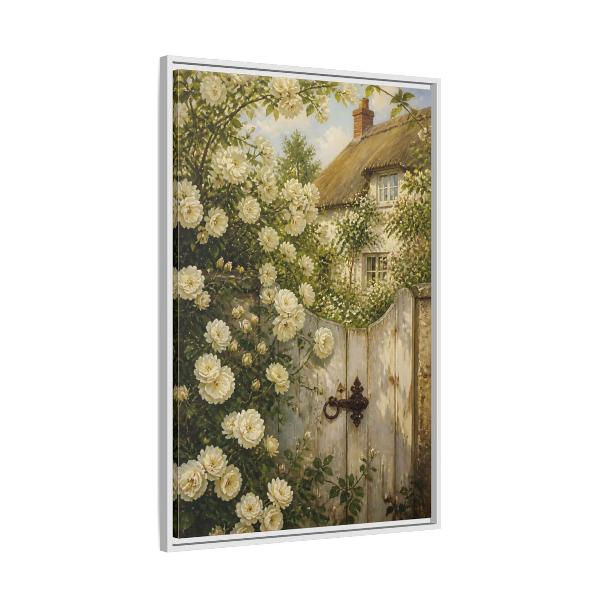 Side Mockup 9. Floral White Roses White Roses Cottage shown as stretched canvas wall art