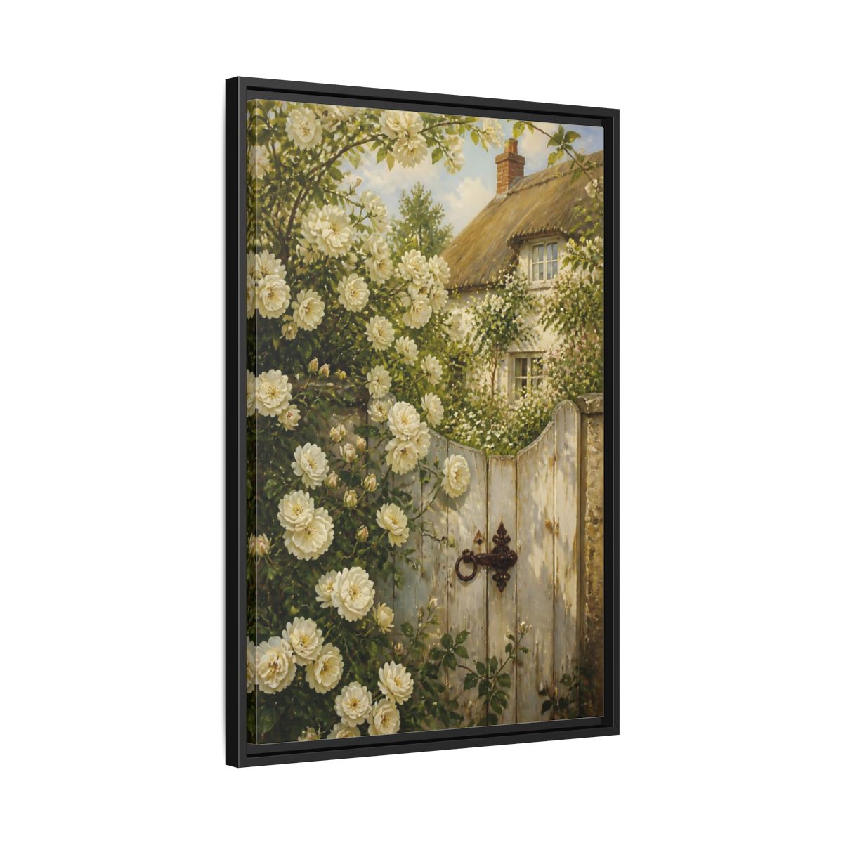 Side Mockup 14. Floral White Roses White Roses Cottage shown as stretched canvas wall art