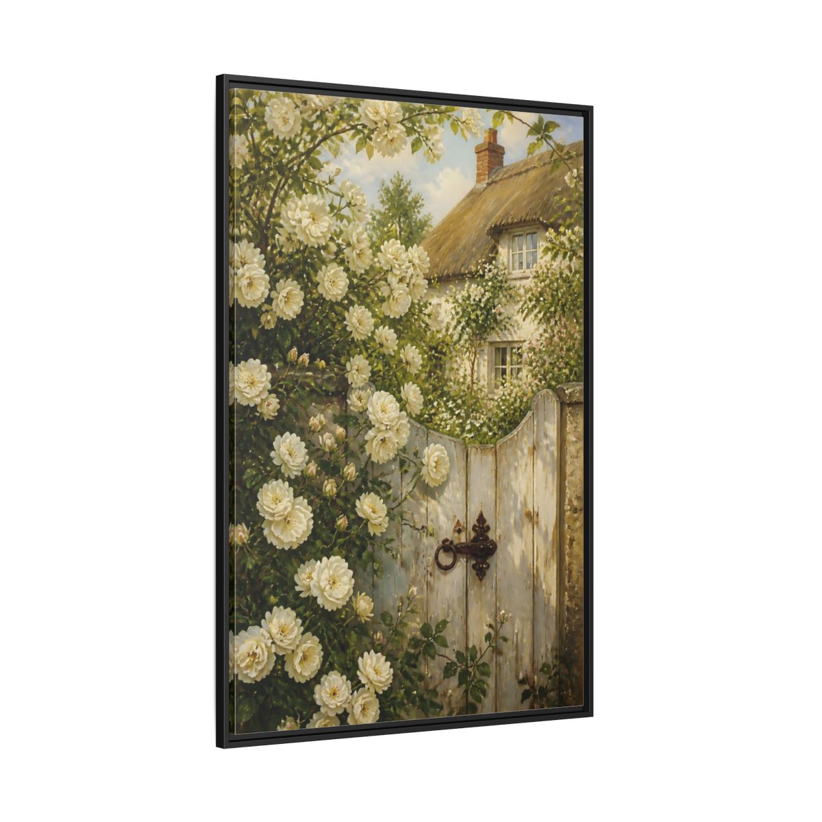Side Mockup 12. Floral White Roses White Roses Cottage shown as stretched canvas wall art
