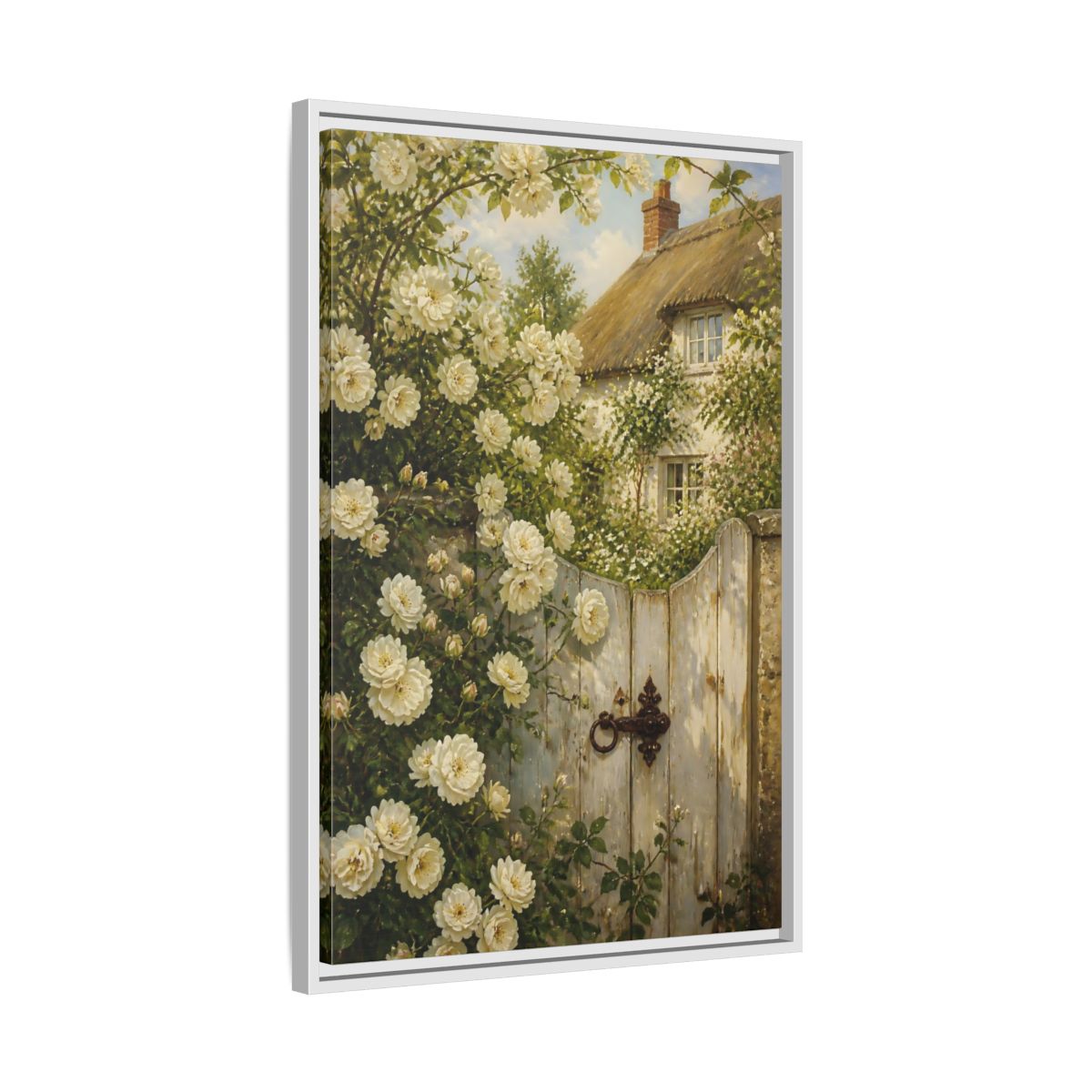 Side Mockup 10. Floral White Roses White Roses Cottage shown as stretched canvas wall art