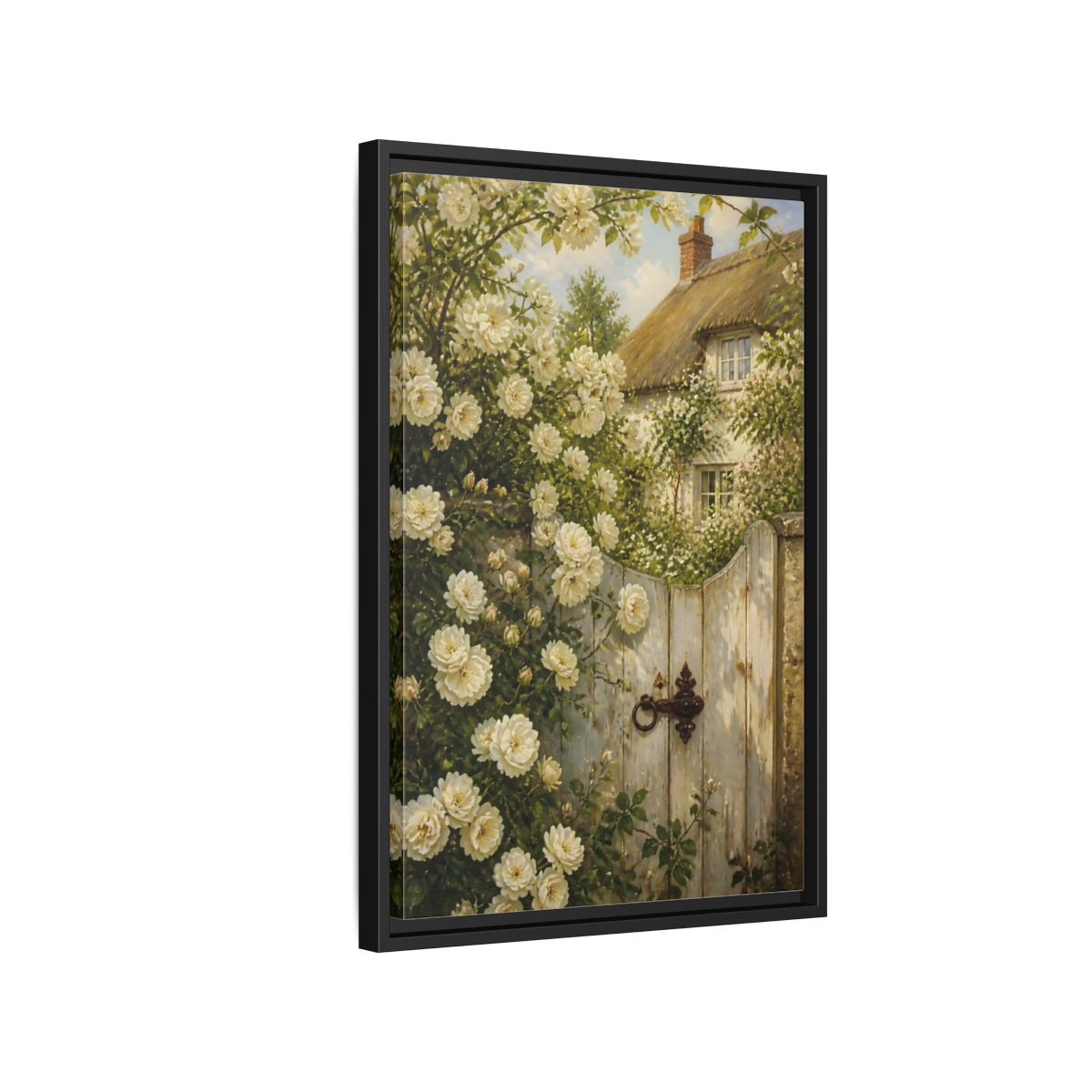 Side Mockup 3. Floral White Roses White Roses Cottage shown as stretched canvas wall art