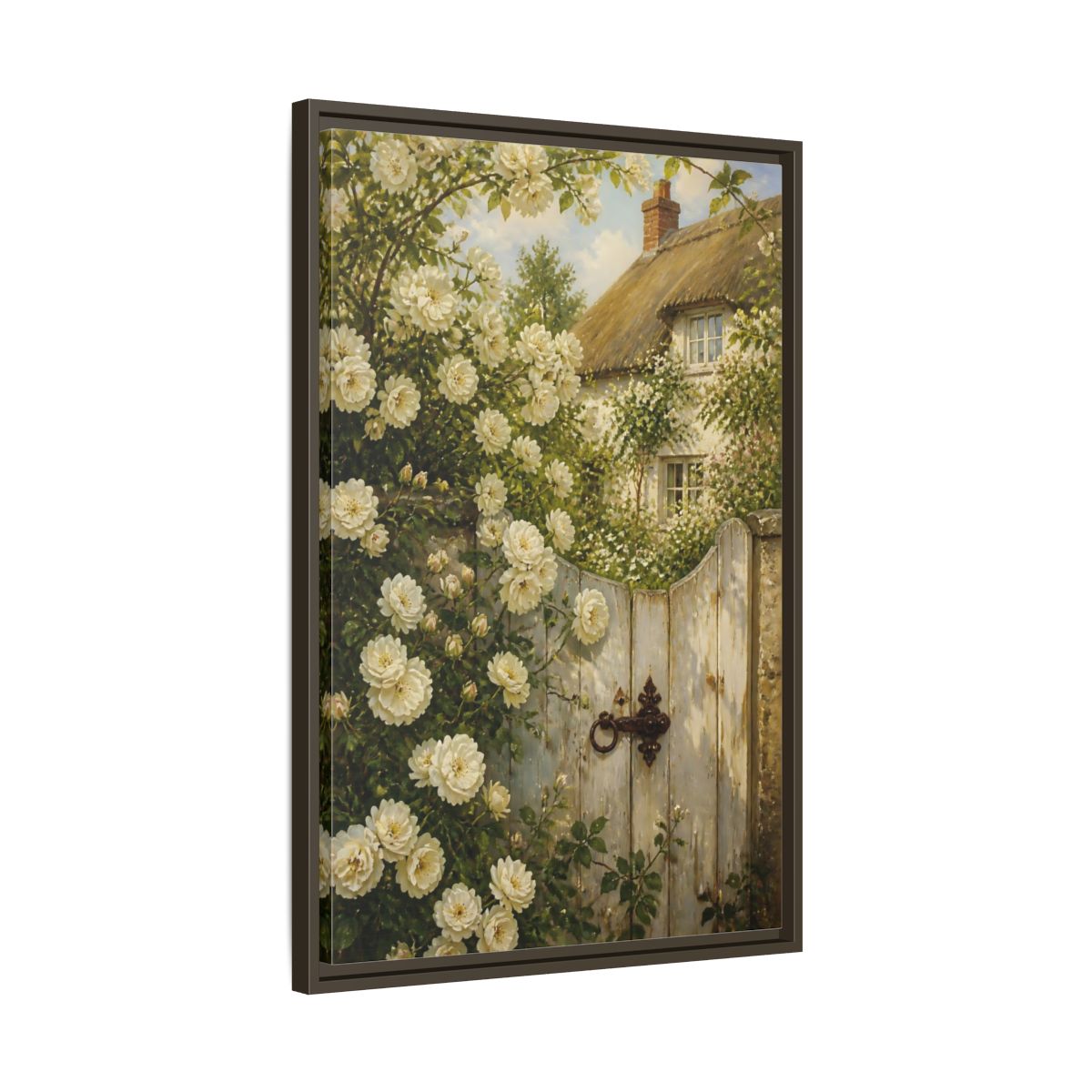 Side Mockup 11. Floral White Roses White Roses Cottage shown as stretched canvas wall art