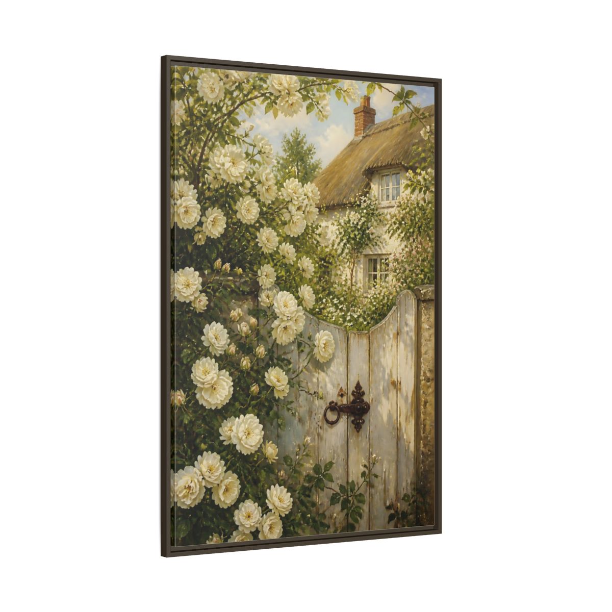 Side Mockup 8. Floral White Roses White Roses Cottage shown as stretched canvas wall art