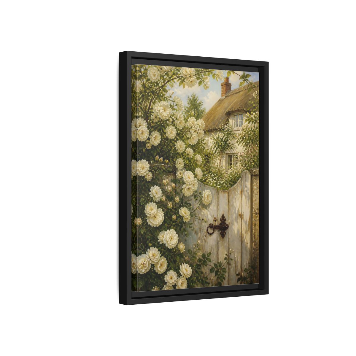 Side Mockup 6. Floral White Roses White Roses Cottage shown as stretched canvas wall art
