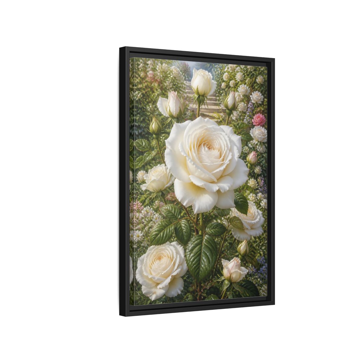Side Mockup 3. Floral White Roses White Floral Garden shown as stretched canvas wall art