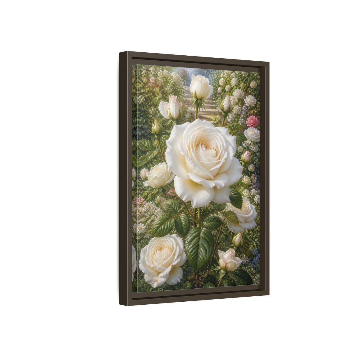 Side Mockup 5. Floral White Roses White Floral Garden shown as stretched canvas wall art